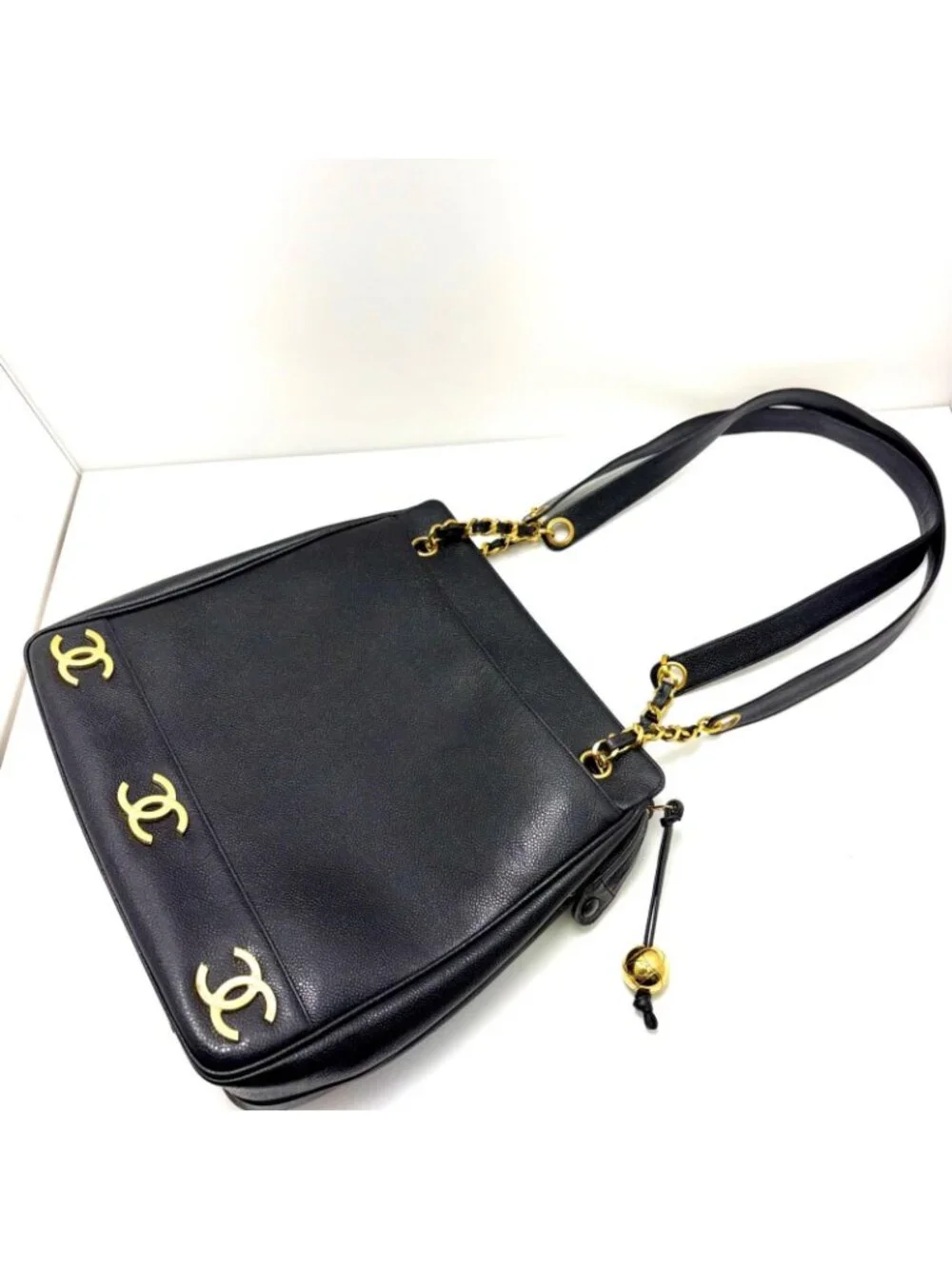 Chanel Triple Coco Chain Shoulder Tote Bag Black Caviar